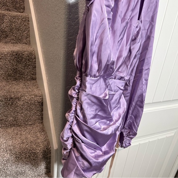 HOUSE OF CB 'Kate' Orchid Satin Front Wrap Mini Dress - Picture 13 of 13